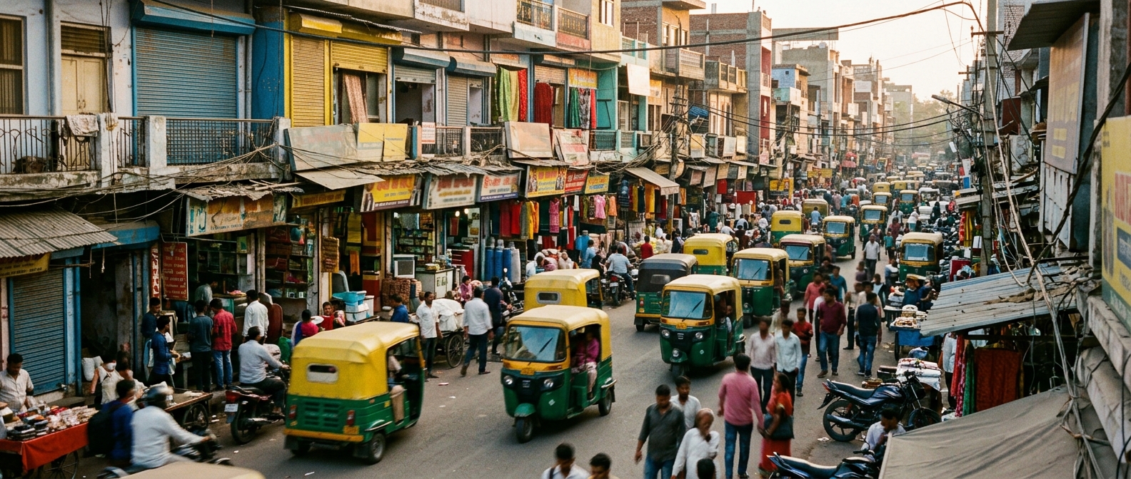 Busy Indian street with auto-rickshaws and colourful shopfronts, illustrating travel vaccinations for India