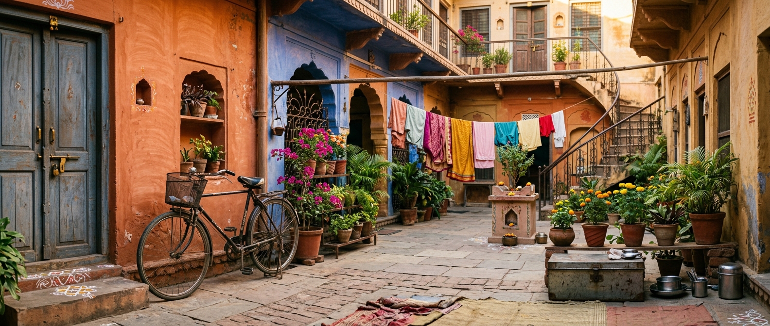 Sunlit courtyard of an Indian family home, illustrating vaccinations for visiting family in India