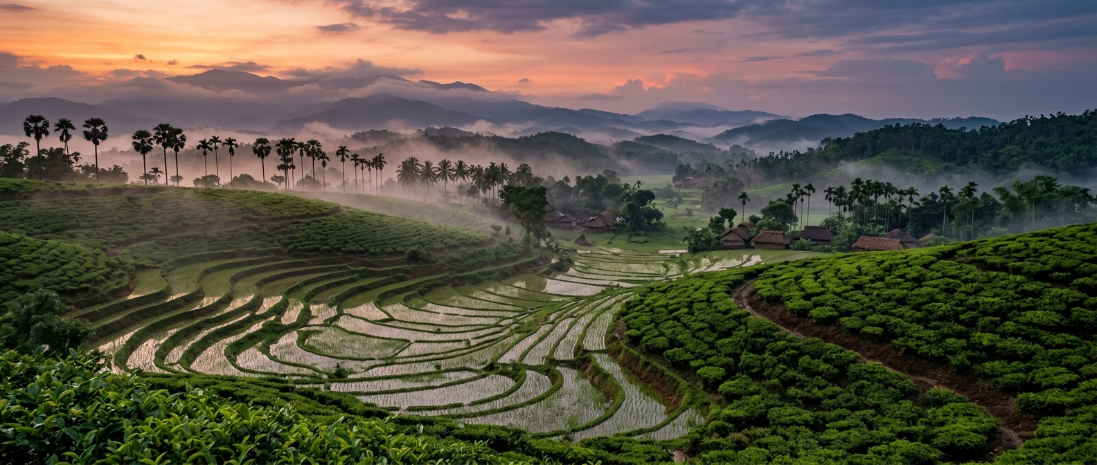 Rural eastern India paddy fields at dusk Paddy fields and tea gardens in rural eastern India at dusk, where malaria tablets are recommended