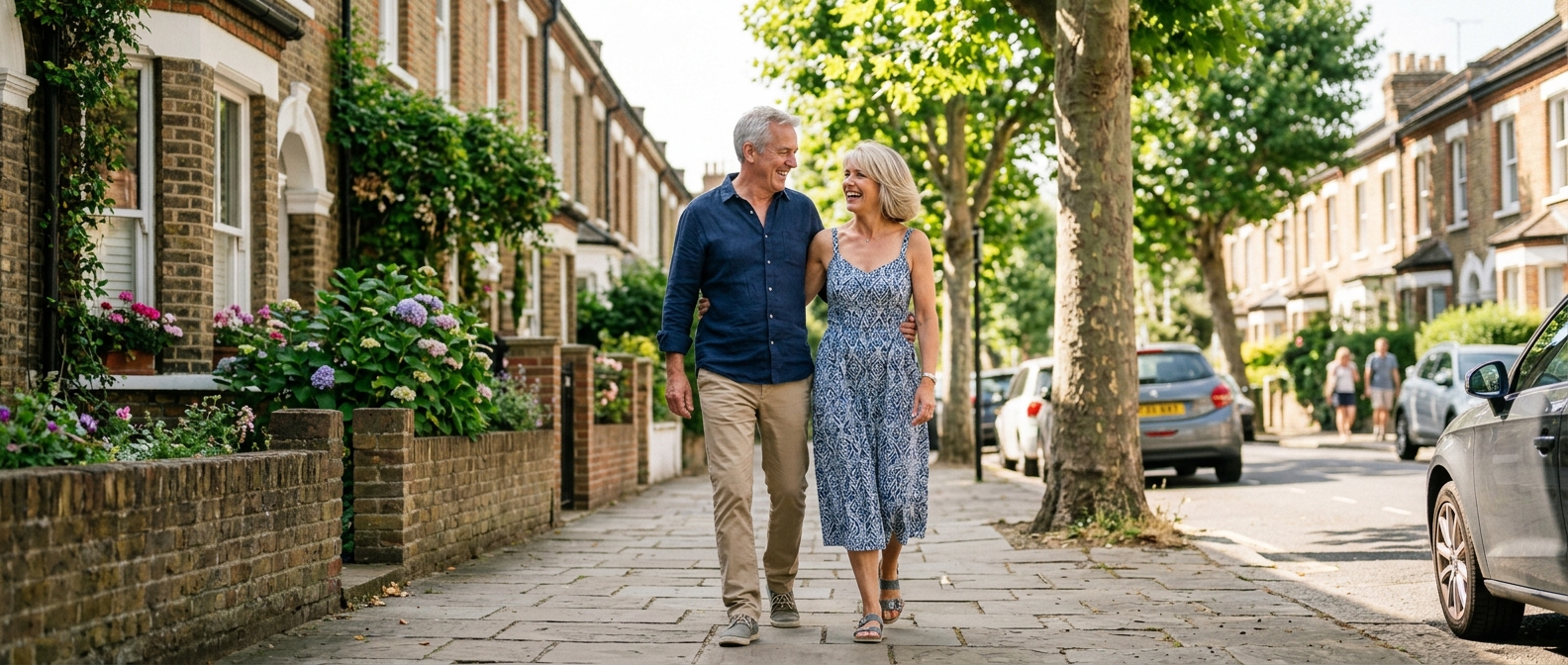 private-shingles-vaccine-london-hero Active couple in their sixties walking in West London, illustrating who the private shingles vaccine is for