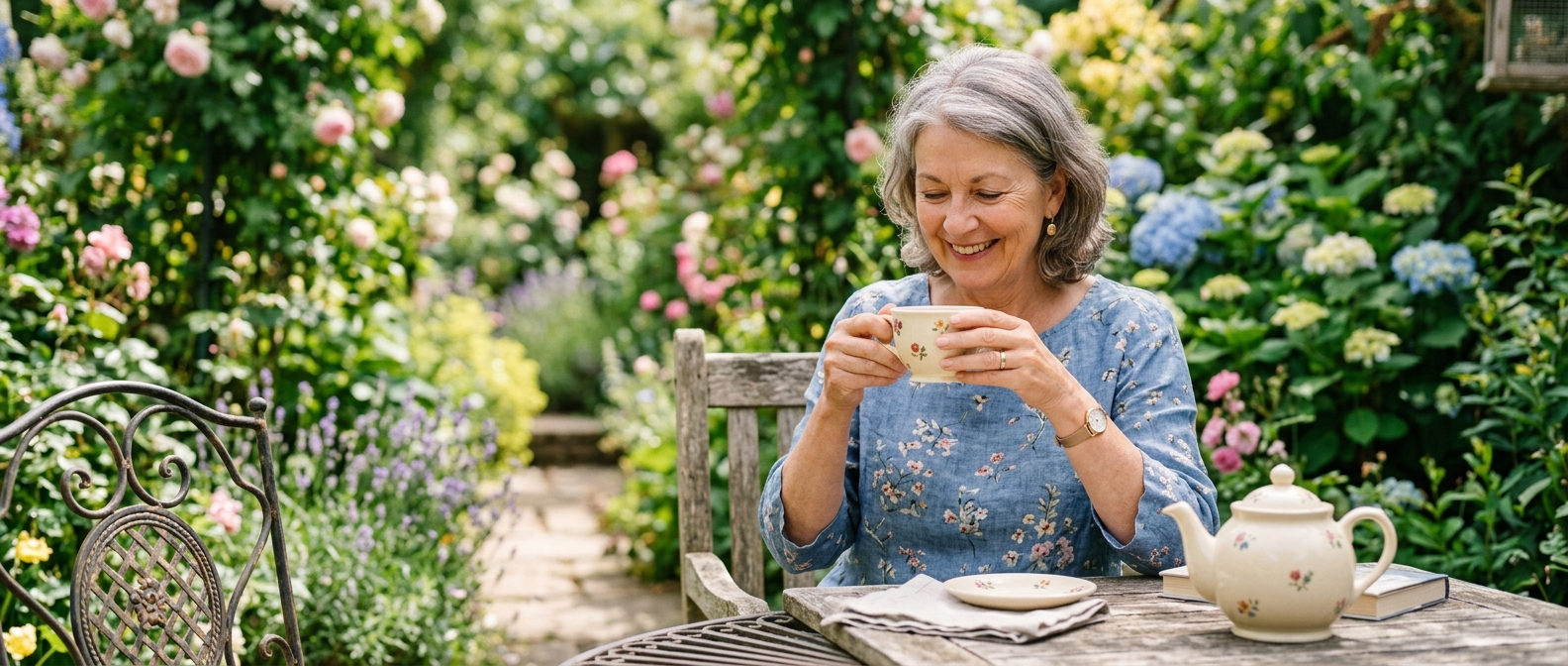Woman in her fifties relaxing in her garden, representing life without the worry of shingles after vaccination