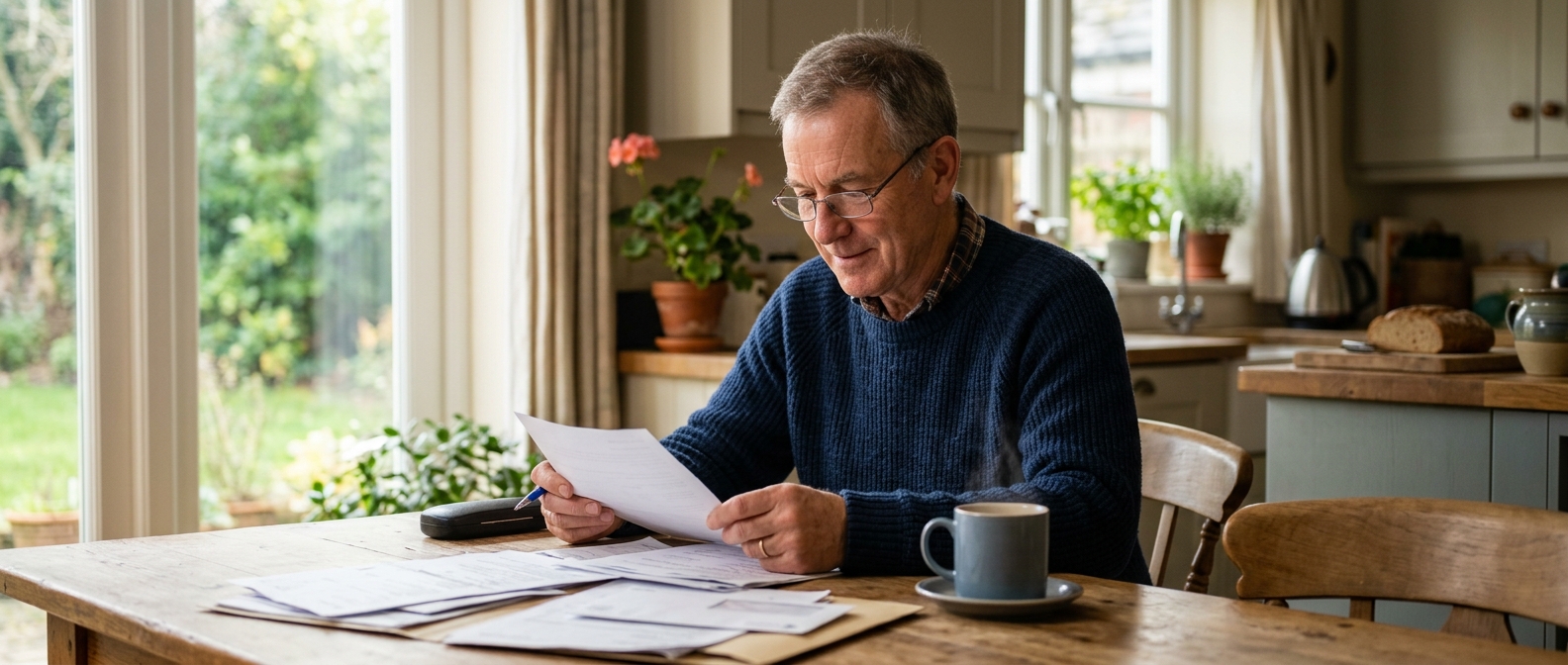shingles-vaccine-cost-uk-hero Man at his kitchen table weighing up the shingles vaccine cost in the UK