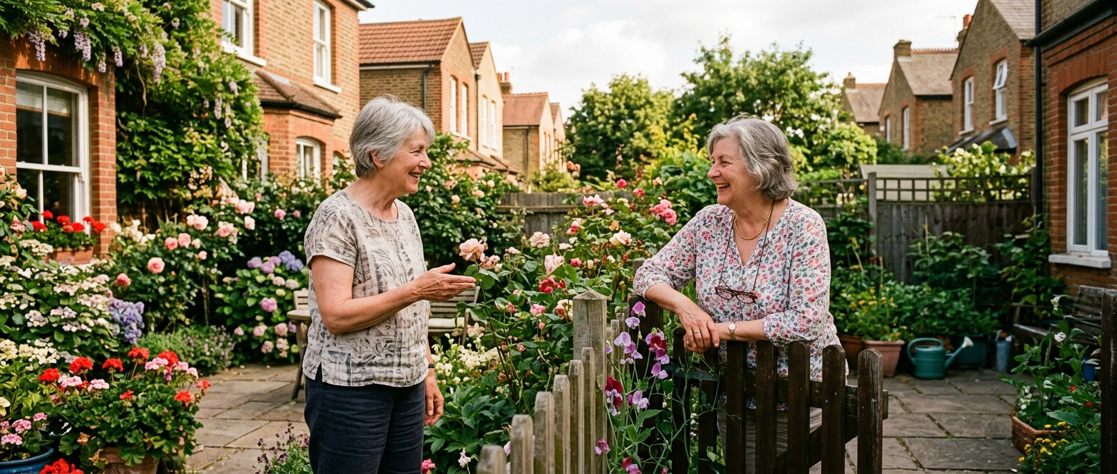 nhs-shingles-vaccine-eligibility-hero Two neighbours of a similar age chatting, illustrating how NHS shingles vaccine eligibility can differ by birthday