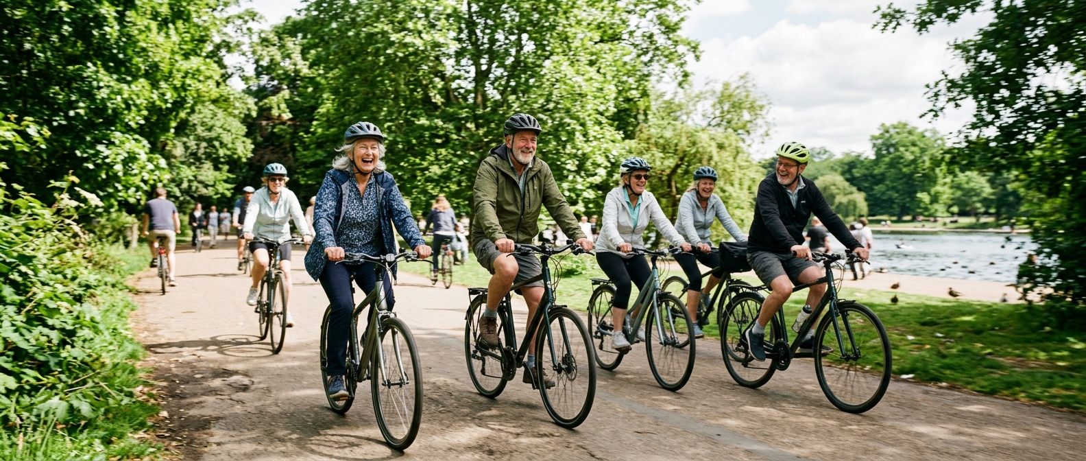 Active older adults cycling in a park, reflecting the protection Shingrix showed in trials of the over-50s
