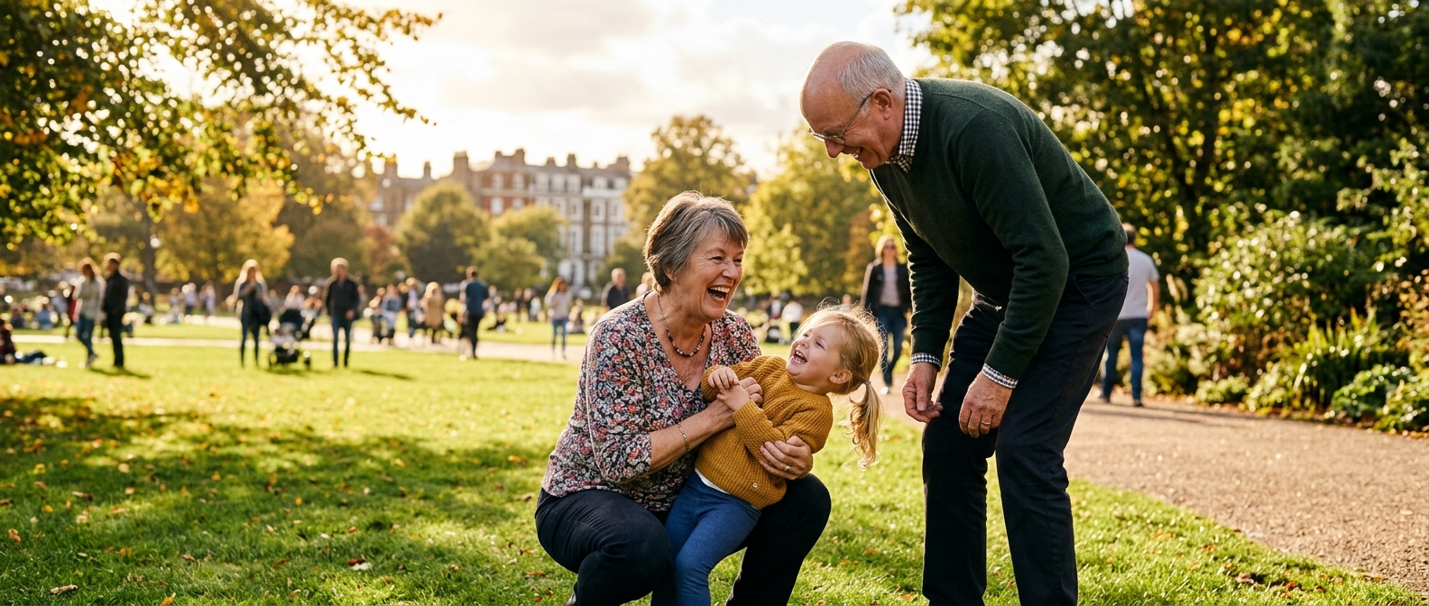Grandparents enjoying time with their grandchild, the years the private shingles vaccine is designed to protect