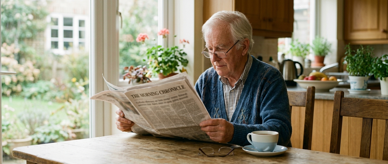 shingles-vaccine-dementia-research-hero Older man reading a newspaper at home, reflecting on headlines about the shingles vaccine and dementia research